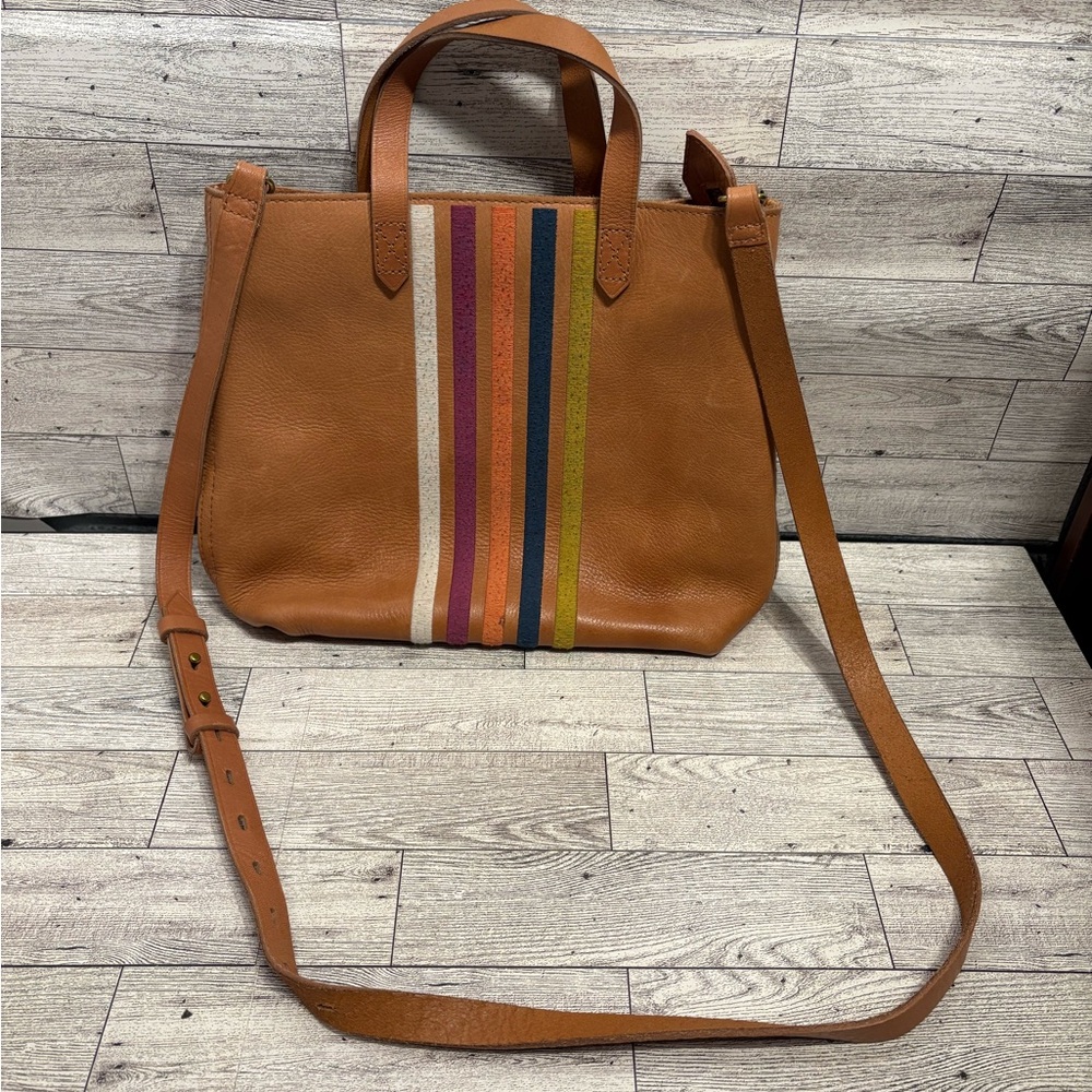 Madewell Tan Leather Tote with Colorful Stripes